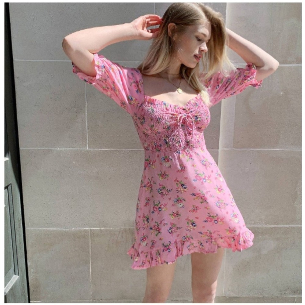 Pink Milkmaid Dress Women S Floral FAITHFULL THE BRAND Smocked Mini Cottage Boho - Picture 9 of 16
